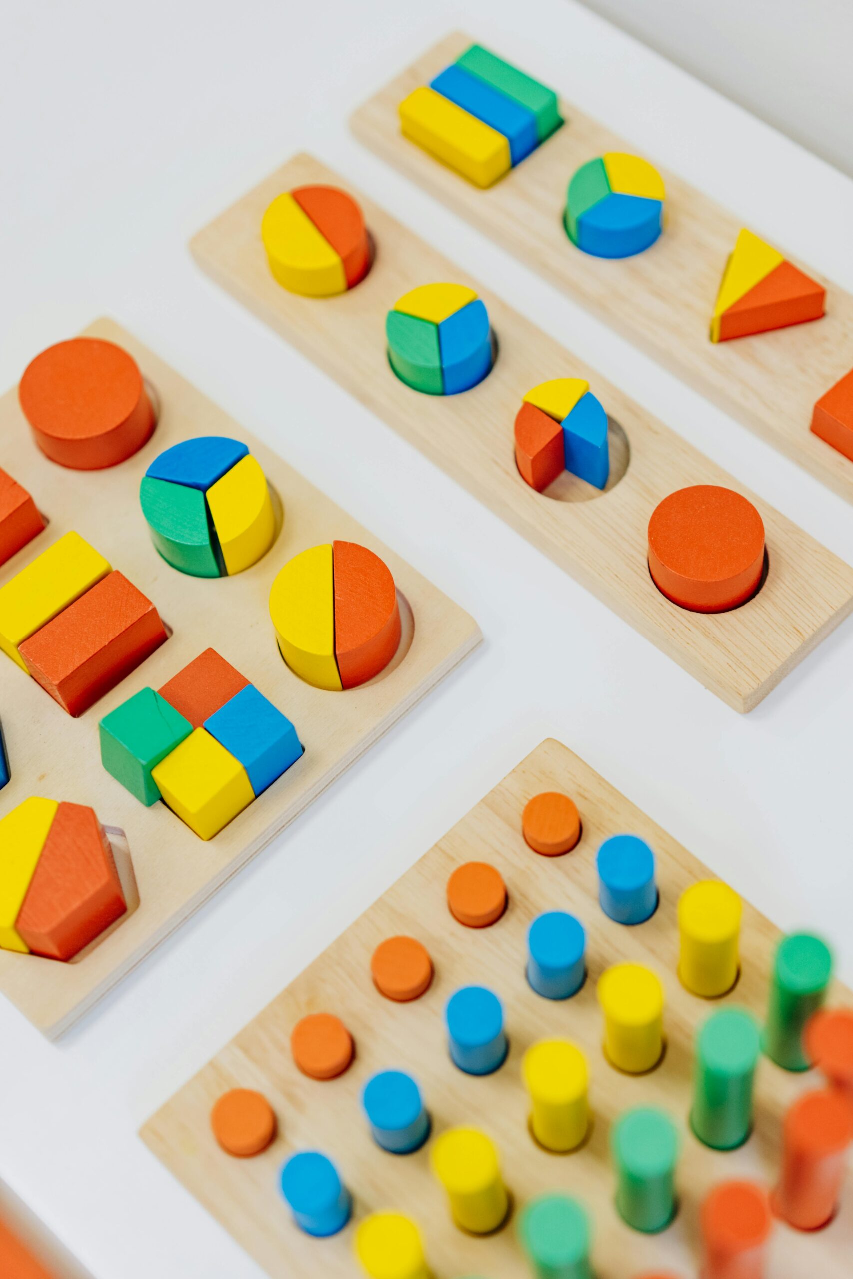 Vibrant wooden toys are ideal for preschool learning and playroom decor.